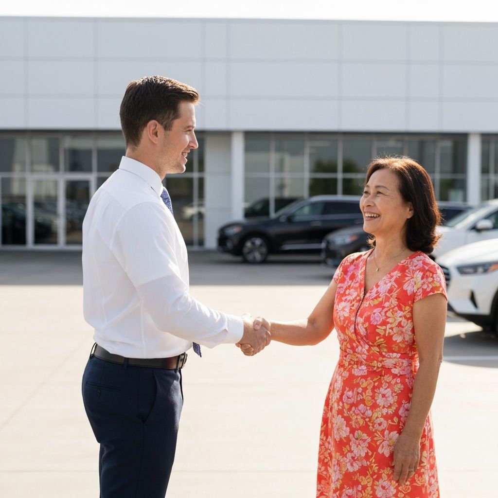Professional car dealer shaking hands with satisfied customer
